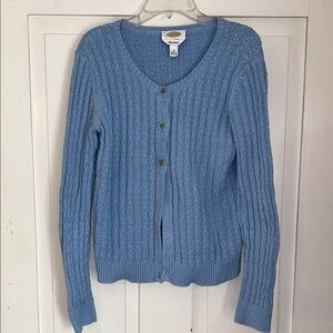 Talbots Women’s Cable Knit Cardigan Blue Medium Pima Cotton 3 Buttons Preppy Ivy